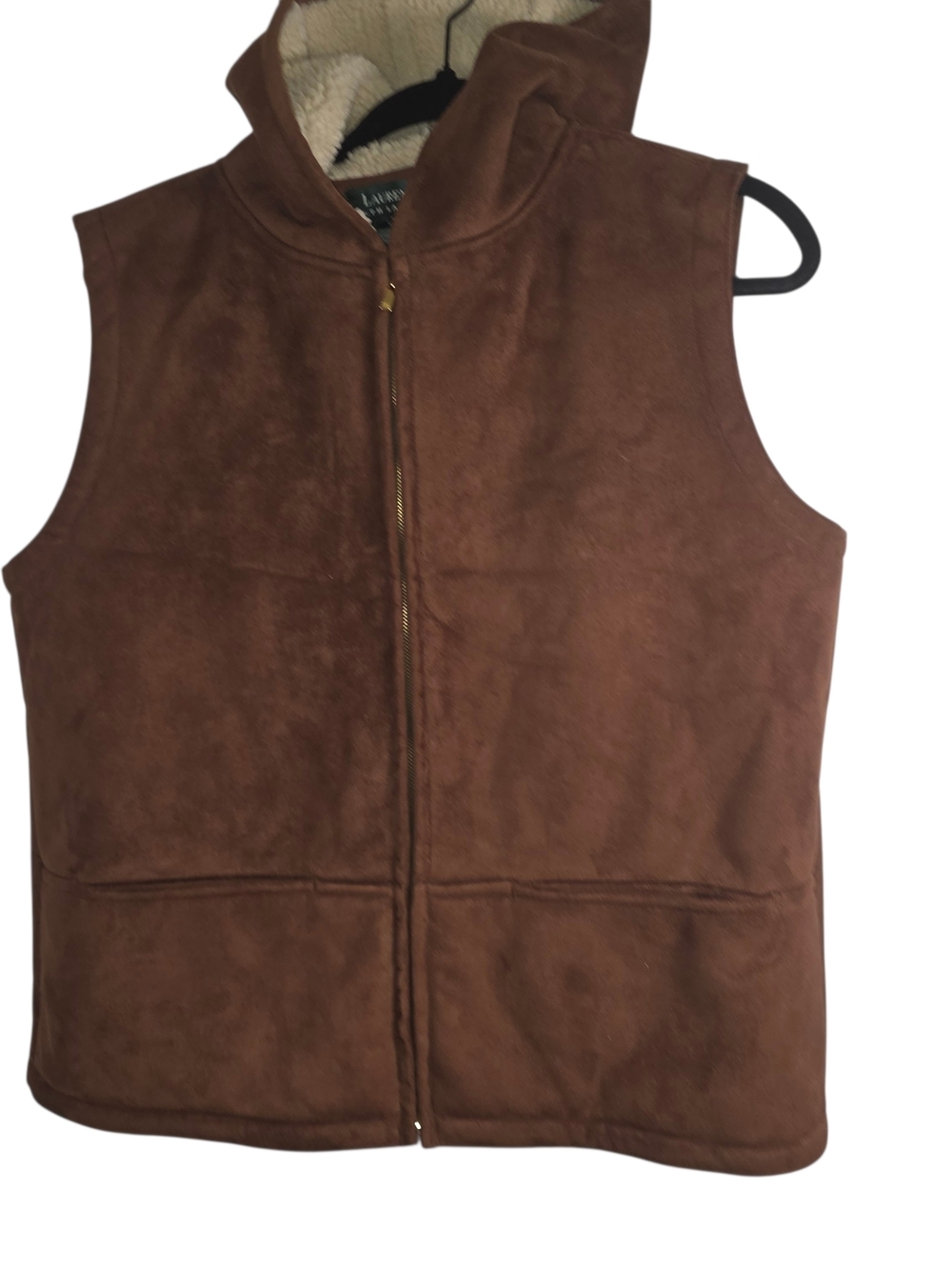 Lauren Ralph Lauren Brown Faux Suede Sherpa Vest Size L | Hooded Zip Cozy